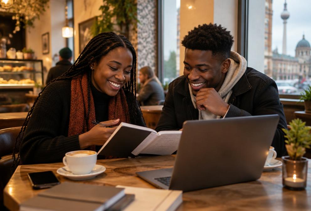 Two students chatting over coffee and notes