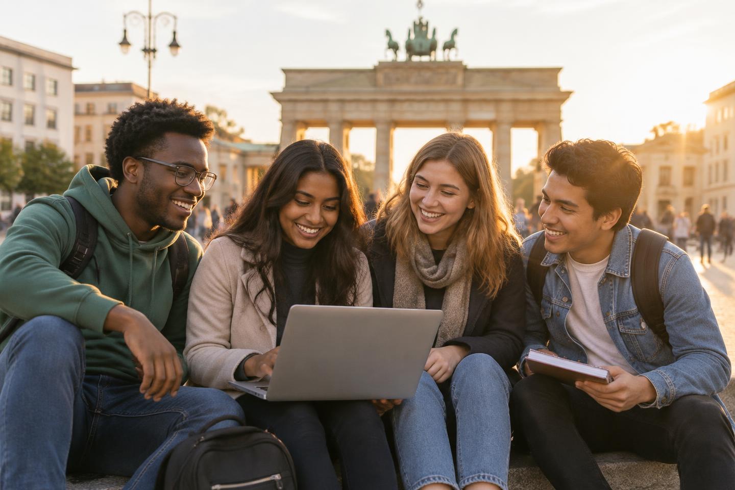 International students planning together with a laptop in front of the Brandenburg Gate